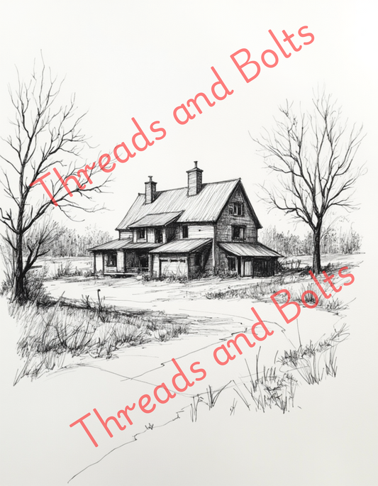 Black and White Sketch of Countryside Digital Download in Three Sizes